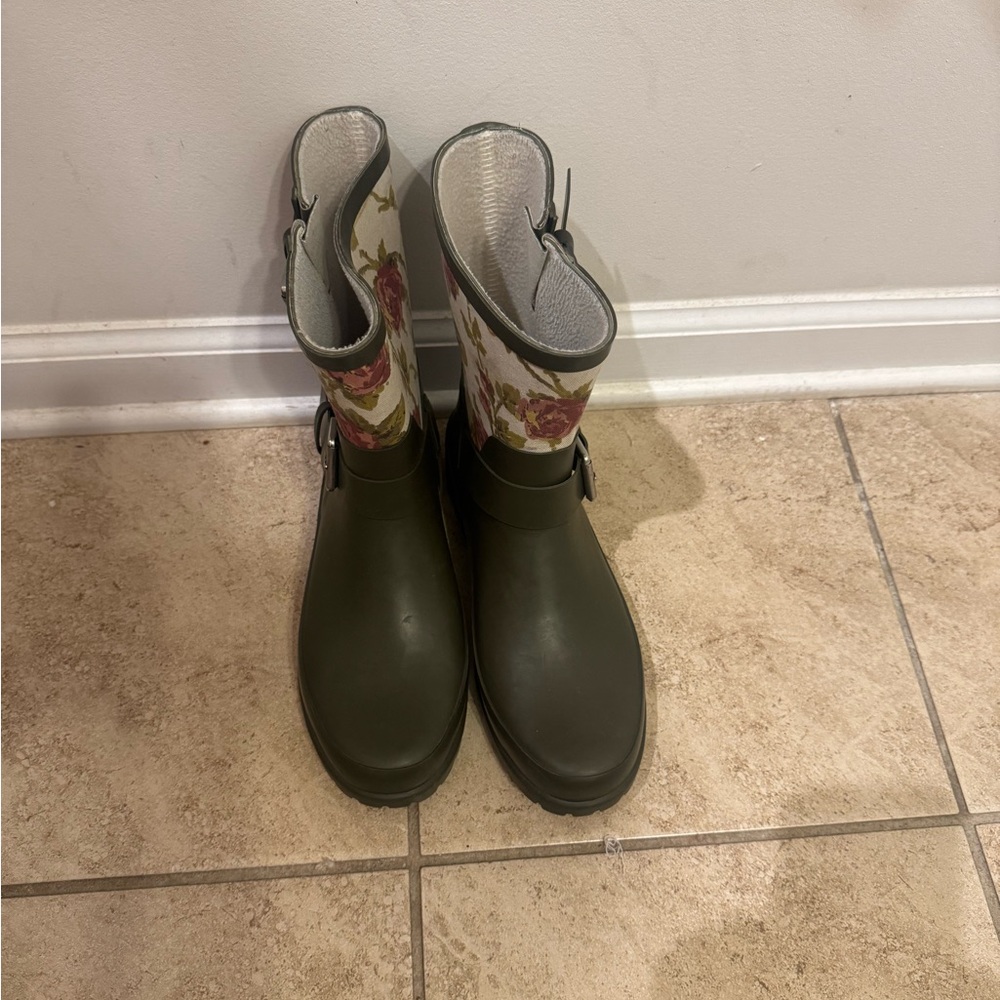 Ralph Lauren Olive Green and Floral Rain Boots